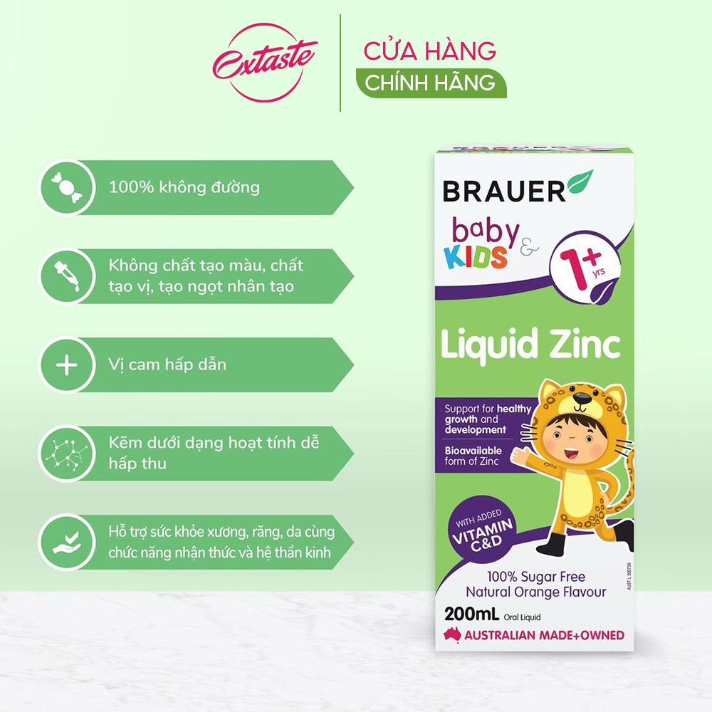 Siro dạng lỏng bổ sung kẽm Brauer Baby & Kids Liquid Zinc cho bé trên 1 tuổi 200ml