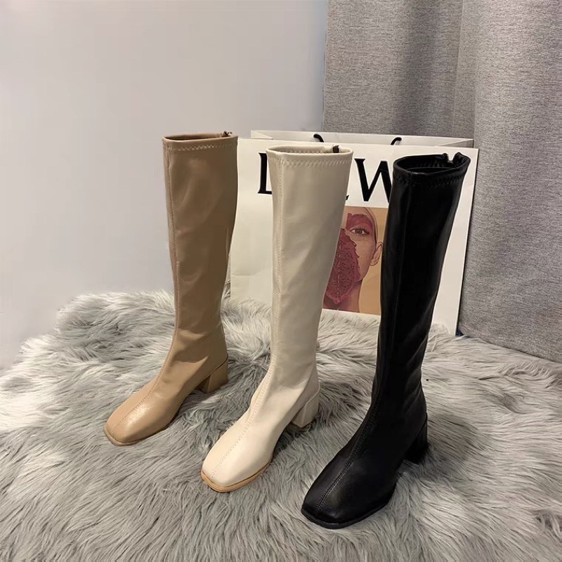 Giày bốt đùi da lót lông cao cấp, giày boot cao gót đế vuông thời trang 2022 dành cho nữ phong cách sang chảnh