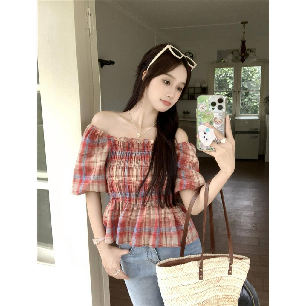 Áo Kiểu Tay Phồng Ngắn Cổ Vuông Họa Tiết Sọc Caro Phong Cách Hàn Quốc Thời Trang Mùa Hè Cho Nữ