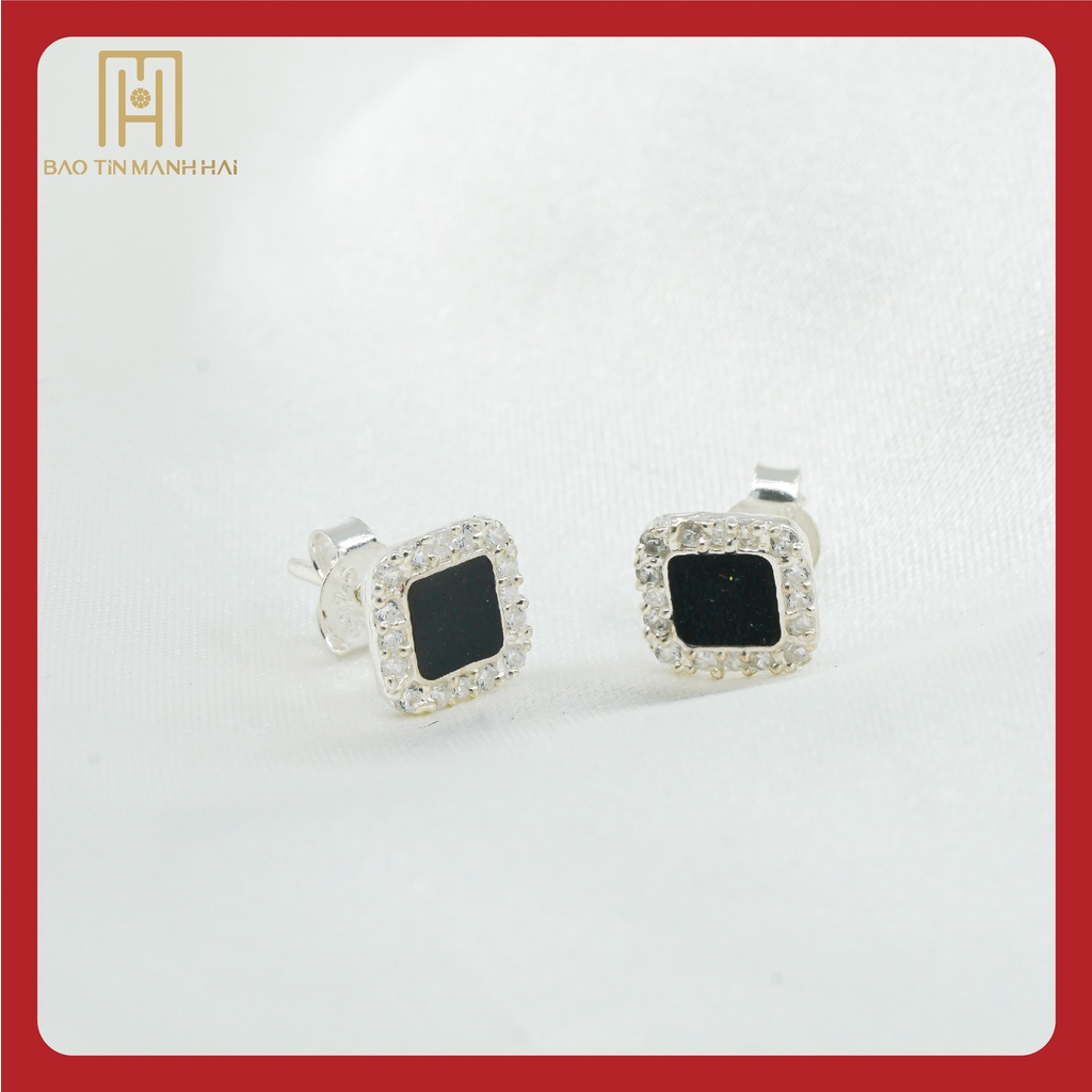 Bông tai bạc màu đen viền đá nhỏ 4 lá phong cách Hàn Quốc BTB06 Bảo Tín Mạnh Hải