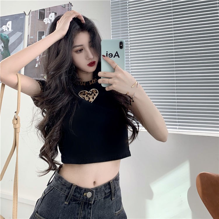 Áo thun nữ ngắn tay họa tiết da báo cổ điển phong cách Hồng Kông mùa hè 2021 cạp cao crop top in