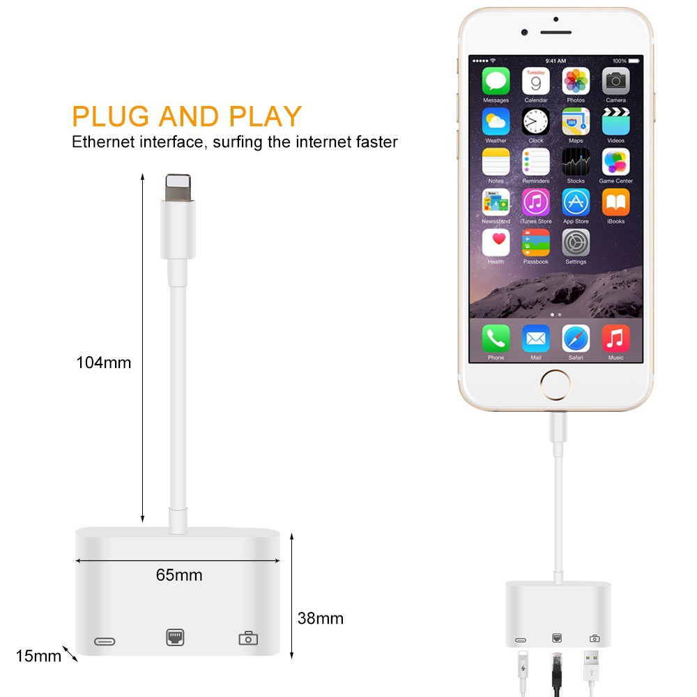 AMORUS Bộ chuyển đổi OTG 3 trong 1 cổng Lightning + USB 3.0 + RJ45 Ethernet LAN dành cho iPhone iPad