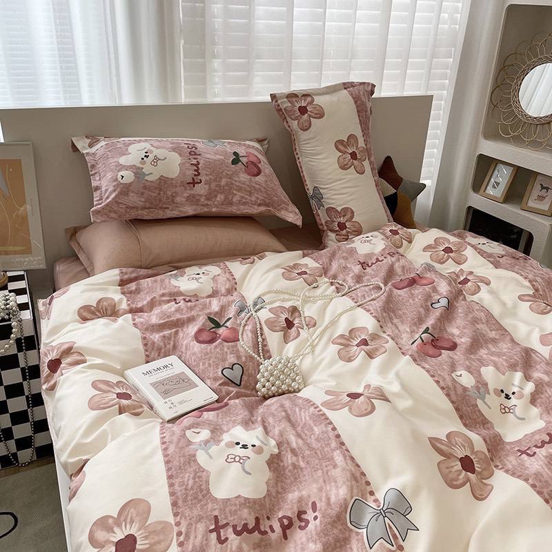 Bộ vỏ chăn ga gối 4 món Cotton Poly chó hoa nâu