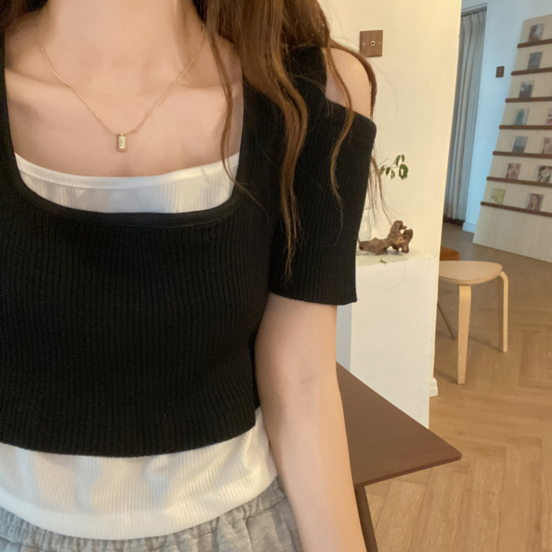 Áo Crop Top Hai Lớp Dệt Kim Phong Cách Hàn Quốc 2021