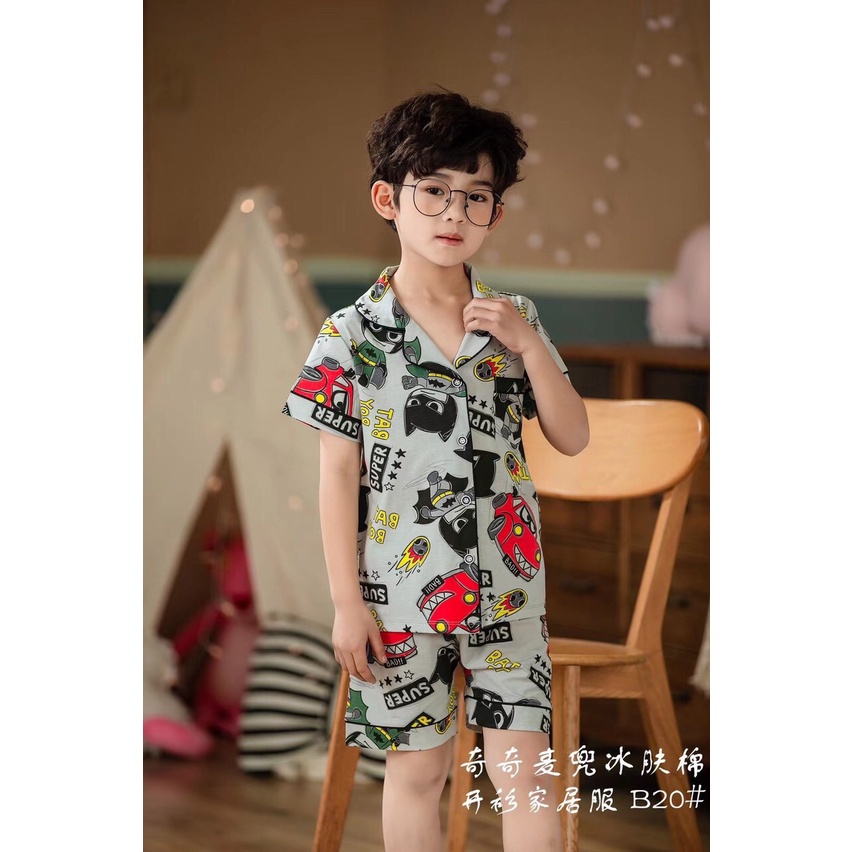 Bộ Pijama cho bé 2-7 tuổi cộc tay in hình xuất Hàn, Đồ ngủ bé trai vải cotton thấm hút mồ hôi