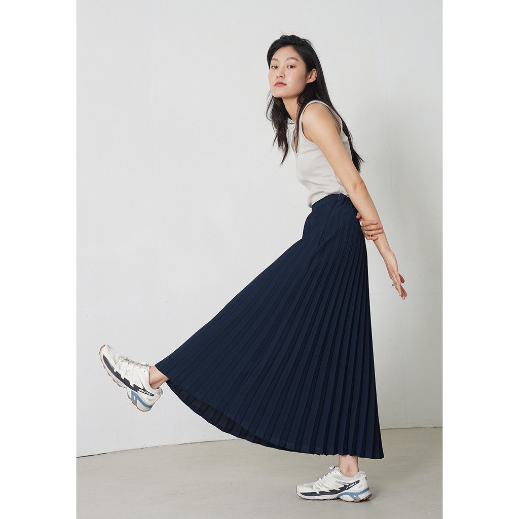 [gwilee] navy pleats maxi skirt - chân váy xếp li dài maxi màu xanh navy