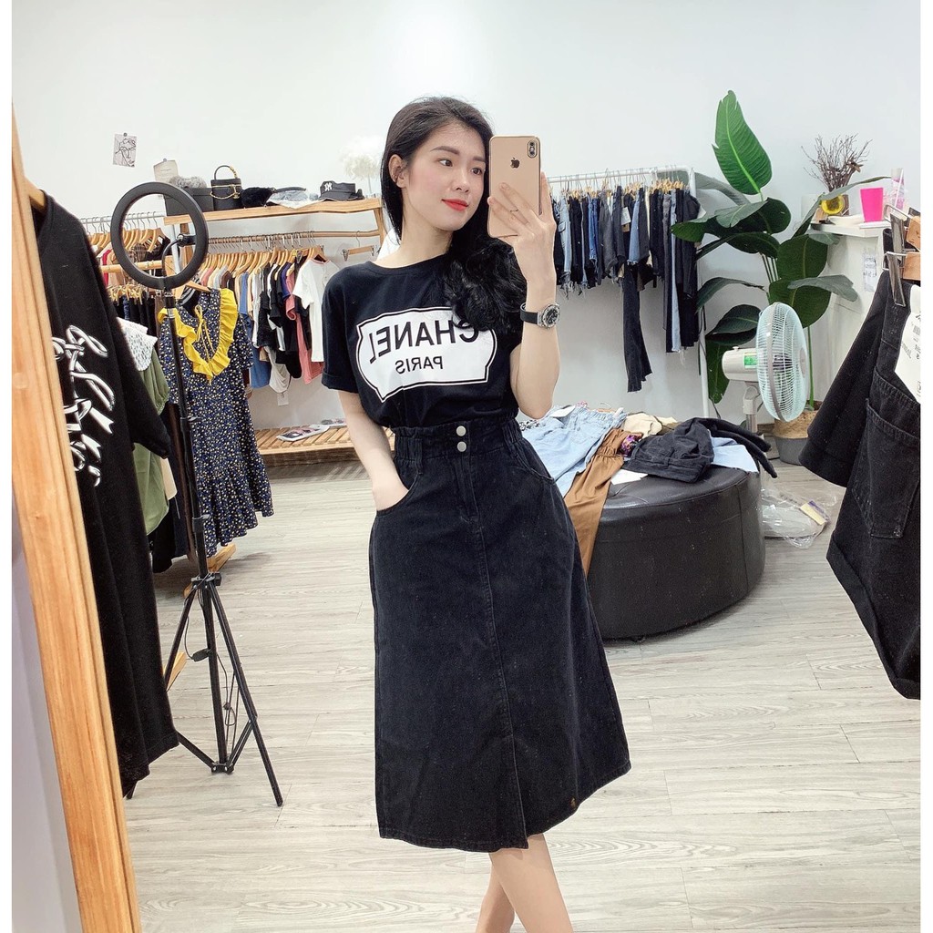 Chân váy jean cạp chun, chân váy bò chữ a 2 màu đen, xanh | BigBuy360 - bigbuy360.vn