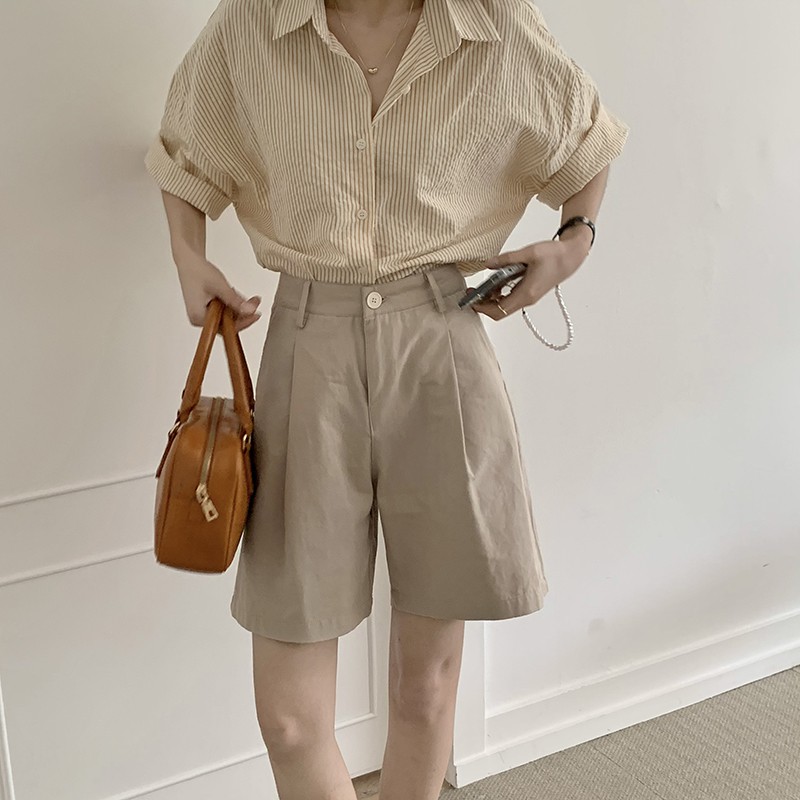 Áo sơ mi kiểu nữ Ngắn tay Kẻ sọc dọc nhỏ Retro Phong cách Cổ điển Vintage Hàn Quốca Áo sơ mi nữ Tay ngắn Thời trang | BigBuy360 - bigbuy360.vn