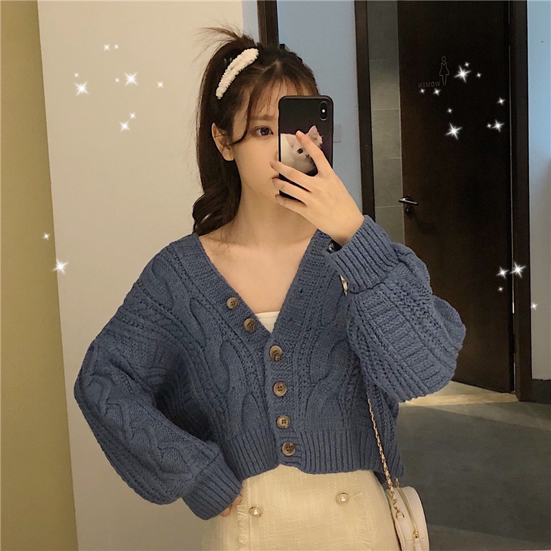 Áo Khoác Cardigan Dệt Kim Cổ Chữ V Dáng Rộng Phong Cách Retro Hàn Quốc