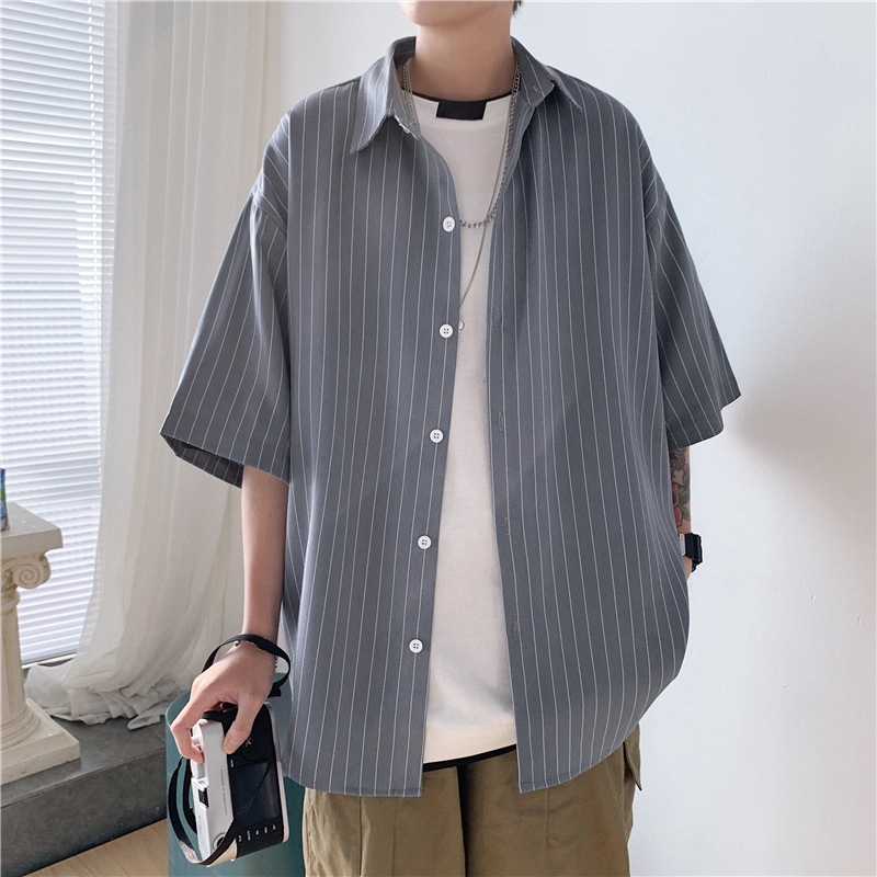 Áo sơ mi tay ngắn họa tiết kẻ sọc phong cách Hàn Quốc thời trang cho nam