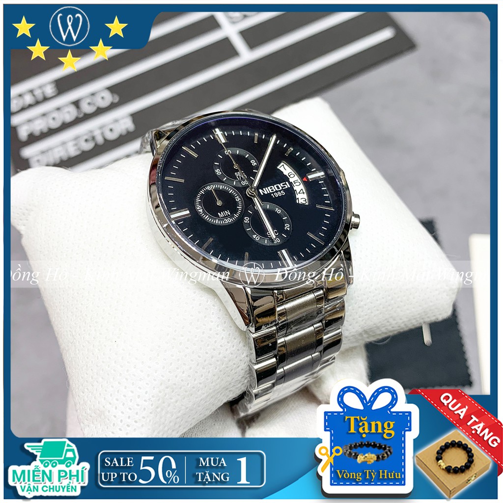 Đồng hồ nam NIBOSI 1985-2 dây thép không gỉ mạ vàng ánh kim, mặt kính chống xước, chống nước, bảo hành 3 năm