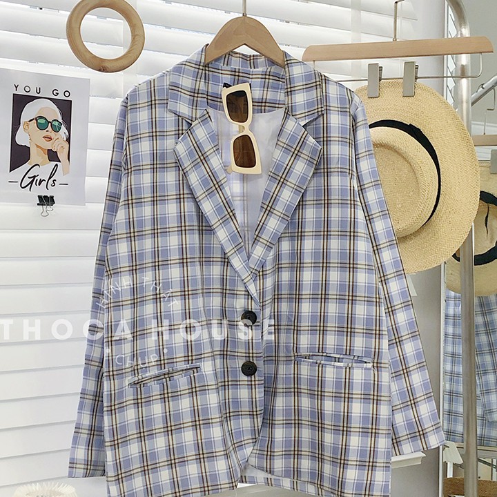 Blazer áo khoác vest nữ 2 lớp túi mổ caro tím trắng THOCA HOUSE hàng thiết kế chuẩn form, dày dặn