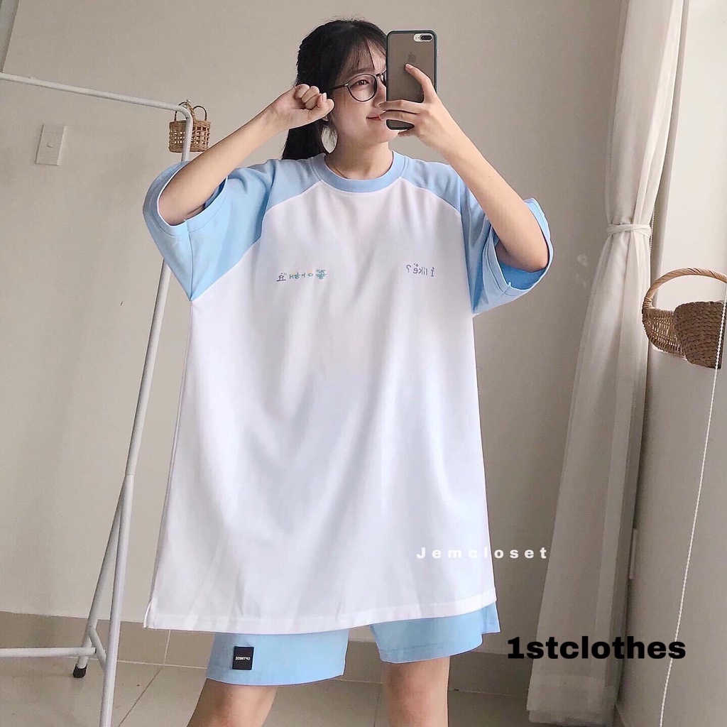 Bộ đùi nữ mặc nhà áo thun cộc tay in chữ Hàn Quốc kèm quần đùi ống rộng dáng unisex 1stclothes