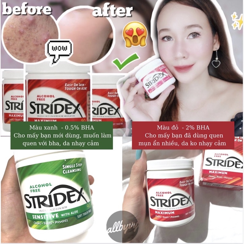 Allbyvy | Miếng Lau Hỗ Trợ Giảm Mụn Stridex hộp 90 miếng