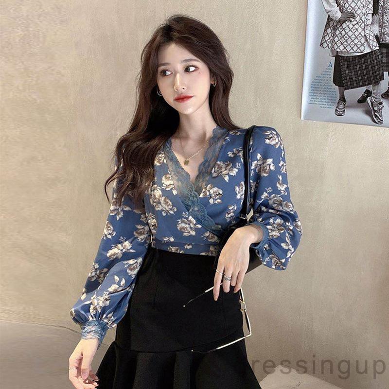 Áo Nữ Tay Dài Cổ Chữ V Họa Tiết Hoa Thanh Lịch