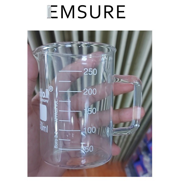 Cốc/ly/ca đong lường 250-500ml thủy tinh có tay cầm chụi nhiệt vạch trắng Boro 3.3 BIOHALL GERMANY | Beaker  with Handle