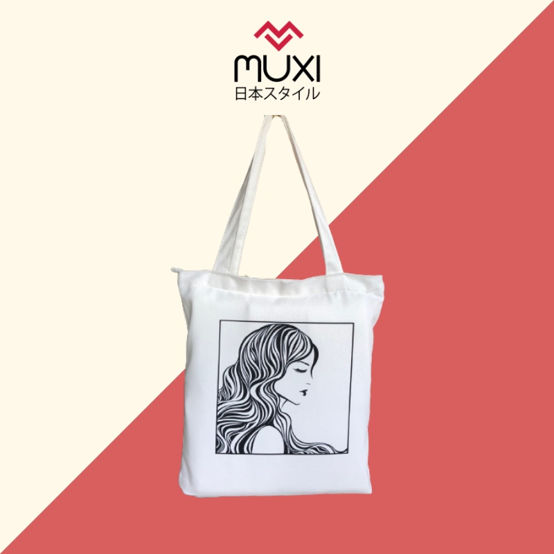 Túi tote vải canvas có khoá kéo miệng túi in hình cô gái tóc xoăn mới nhất