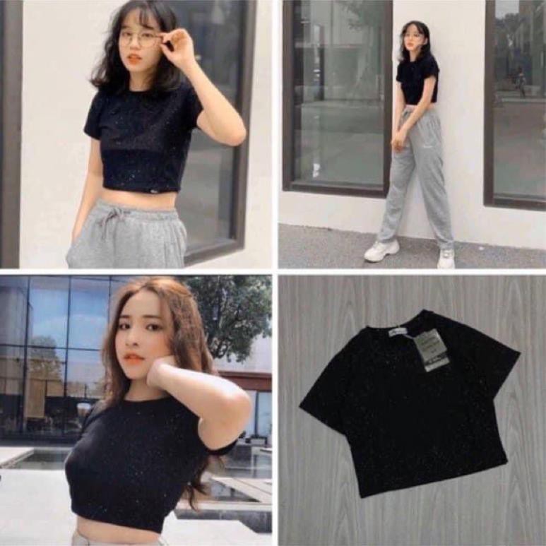 [Sale sốc] Áo Thun Croptop Nhũ Đen Unisex Nữ Uzzlang (ảnh thật)