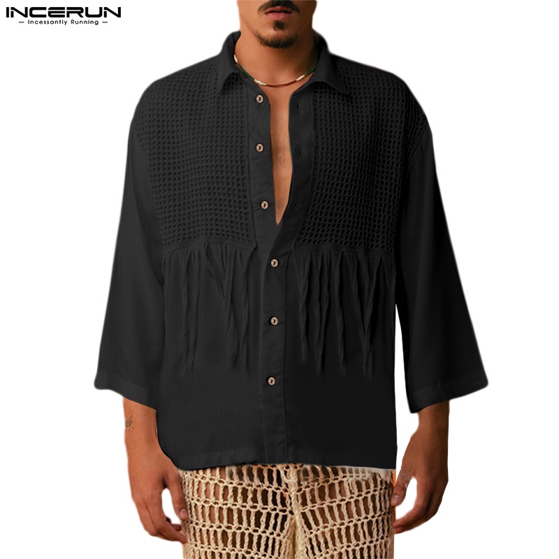 Áo sơ mi INCERUN tay lỡ dáng rộng phối nút gài thời trang cho nam