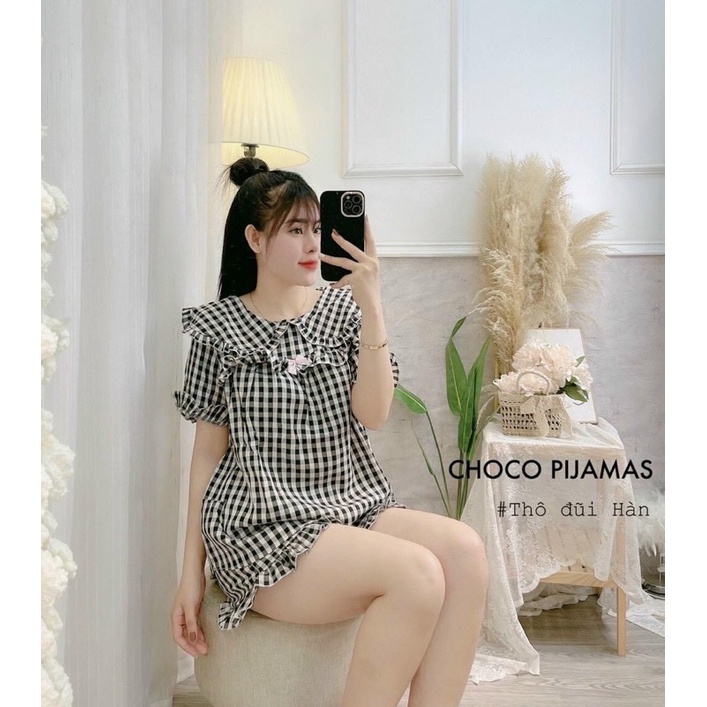 Bộ pijama mặc nhà dáng babydoll hoạ tiết kẻ ô, Đồ ngủ xinh sọc caro vải đũi lụa siêu mát