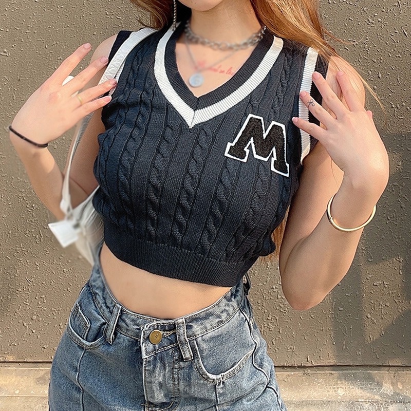 Áo Croptop Sát Nách Cổ Chữ V Thêu Chữ Màu Sắc Tương Phản Phong Cách Hàn Quốc Cho Nữ