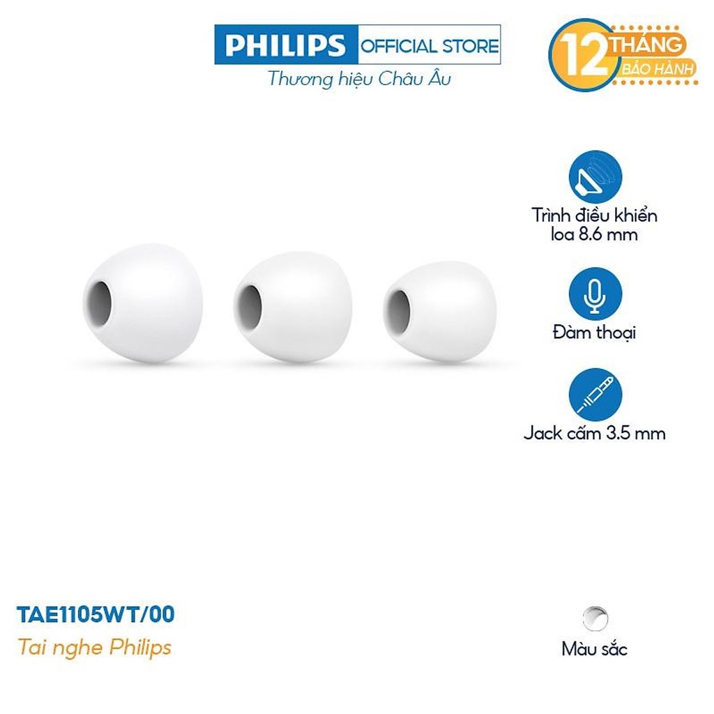 Tai nghe nhét tai Philips TAE1105WT/00 - Màu trắng - Hàng Chính Hãng