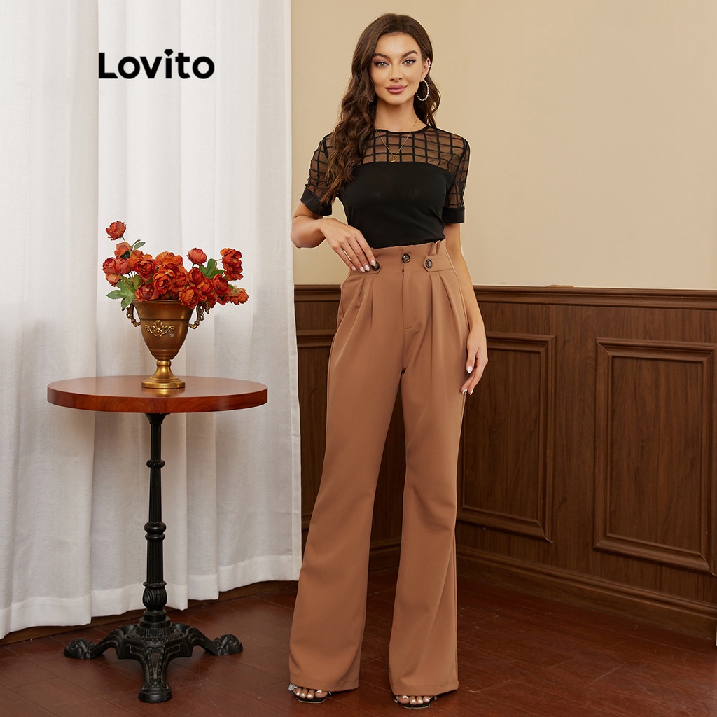 Áo kiểu Lovito cổ tròn dạng lưới tương phản thanh lịch L17D068 (Màu đen)