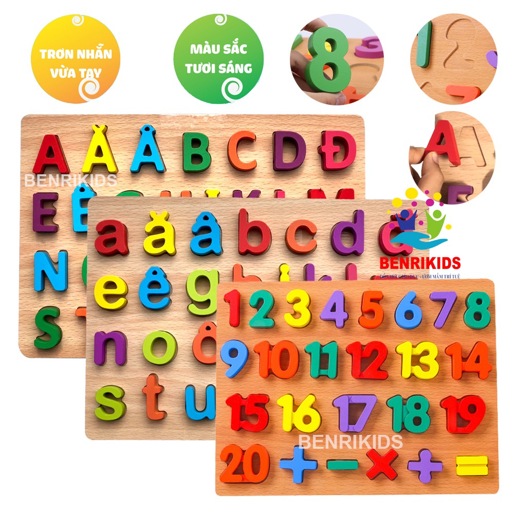 Bộ 3 Bảng Học Chữ Cái Tiếng Việt In Hoa- In Thường- 20 Số Kèm phép Tính  Bằng Gỗ Nổi 3D Cho Bé