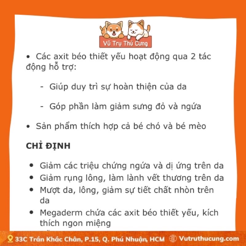 (Hộp 28 gói) Gel dinh dưỡng cho chó mèo, mượt lông và da cho thú cưng MEGADERM VIRBAC