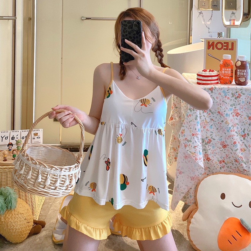 Bộ đồ ngủ 2 dây siêu cute- bộ đồ bầu chất thun cotton thoáng mát, thiết kế quần có khuy và chun  chỉnh BĐ834