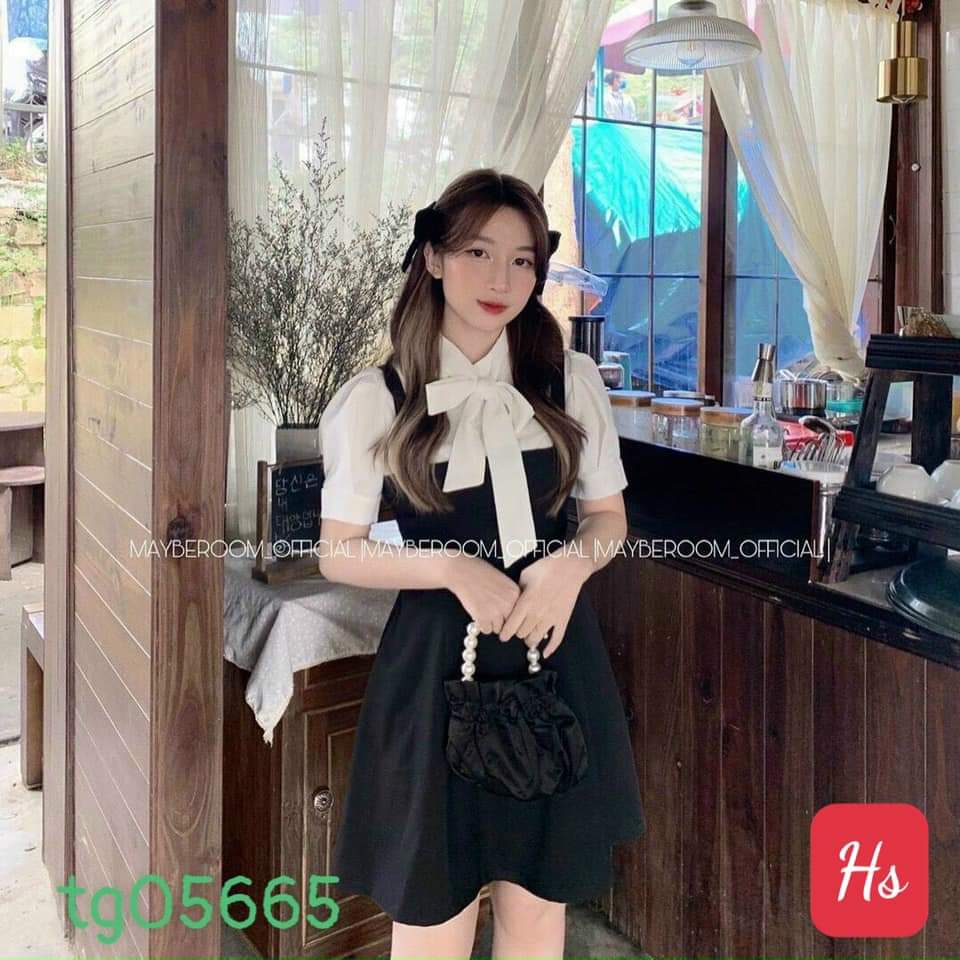 Set bộ đồ nữ CARY, áo sơ mi cột nơ kèm yếm siêu xinh