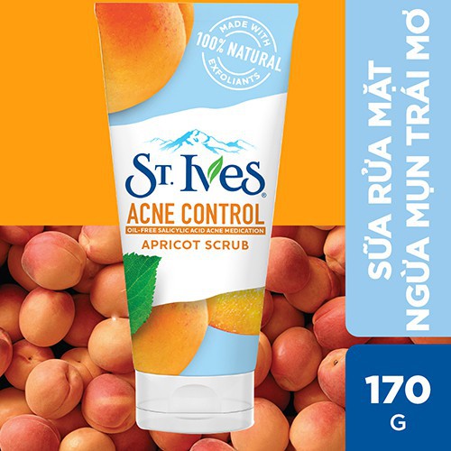 Sữa Rửa Mặt ST.IVES Tẩy Da Chết Ngăn Ngừa Mụn Chiết Xuất Trái Mơ  Acne Control Apricot Scrub 170g Chính hãng Mỹ