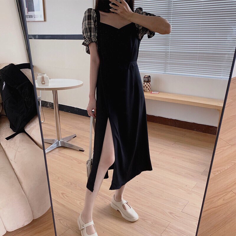 Đầm nữ dáng dài xẻ tà tay phối caro