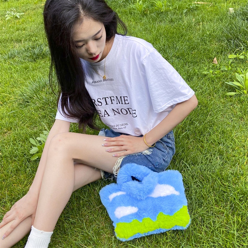 Túi Xách Lông Nhung Họa Tiết Bầu Trời Xanh Trắng Thiết Kế Dễ Thương Thời Trang Mùa Đông