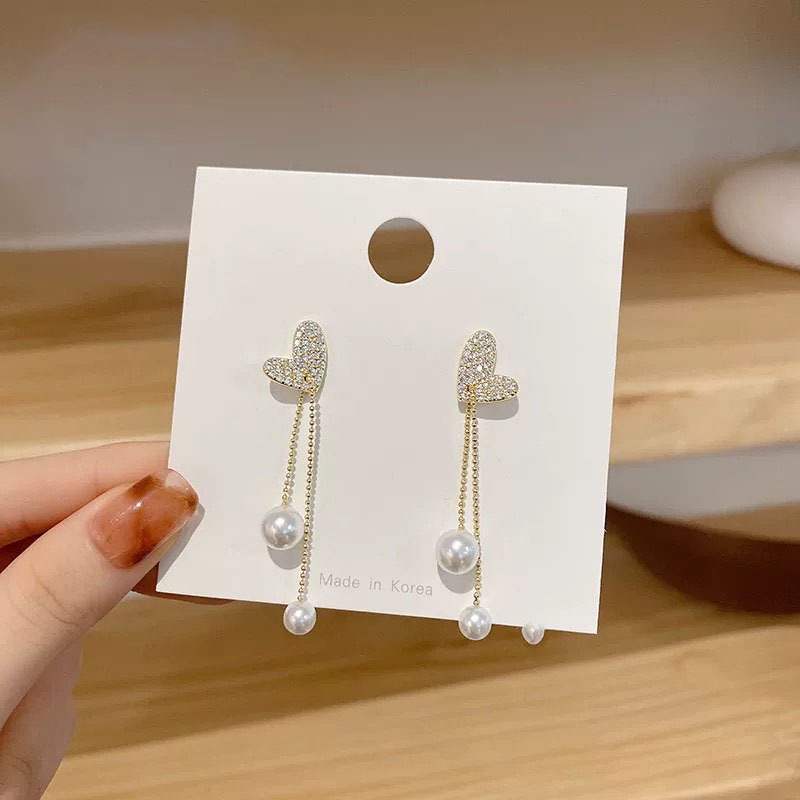 Khuyên Tai Hình Trái Tim Đính Ngọc Trai Phong Cách Hàn Quốc