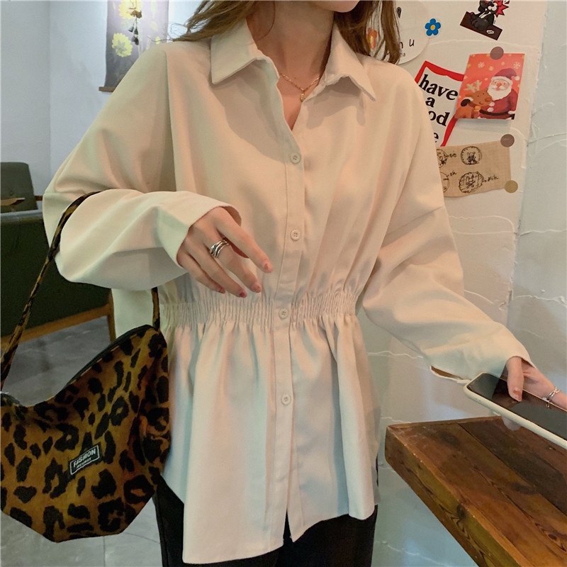 IELGY    Áo Sơ Mi Dài Tay Chiết Eo Phong Cách Pháp Thời Trang Cho Nữ