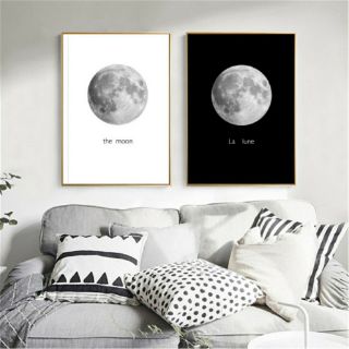 Bộ 2 Tranh canvas hình mặt trăng trắng đen 40x60 giá kèm khung