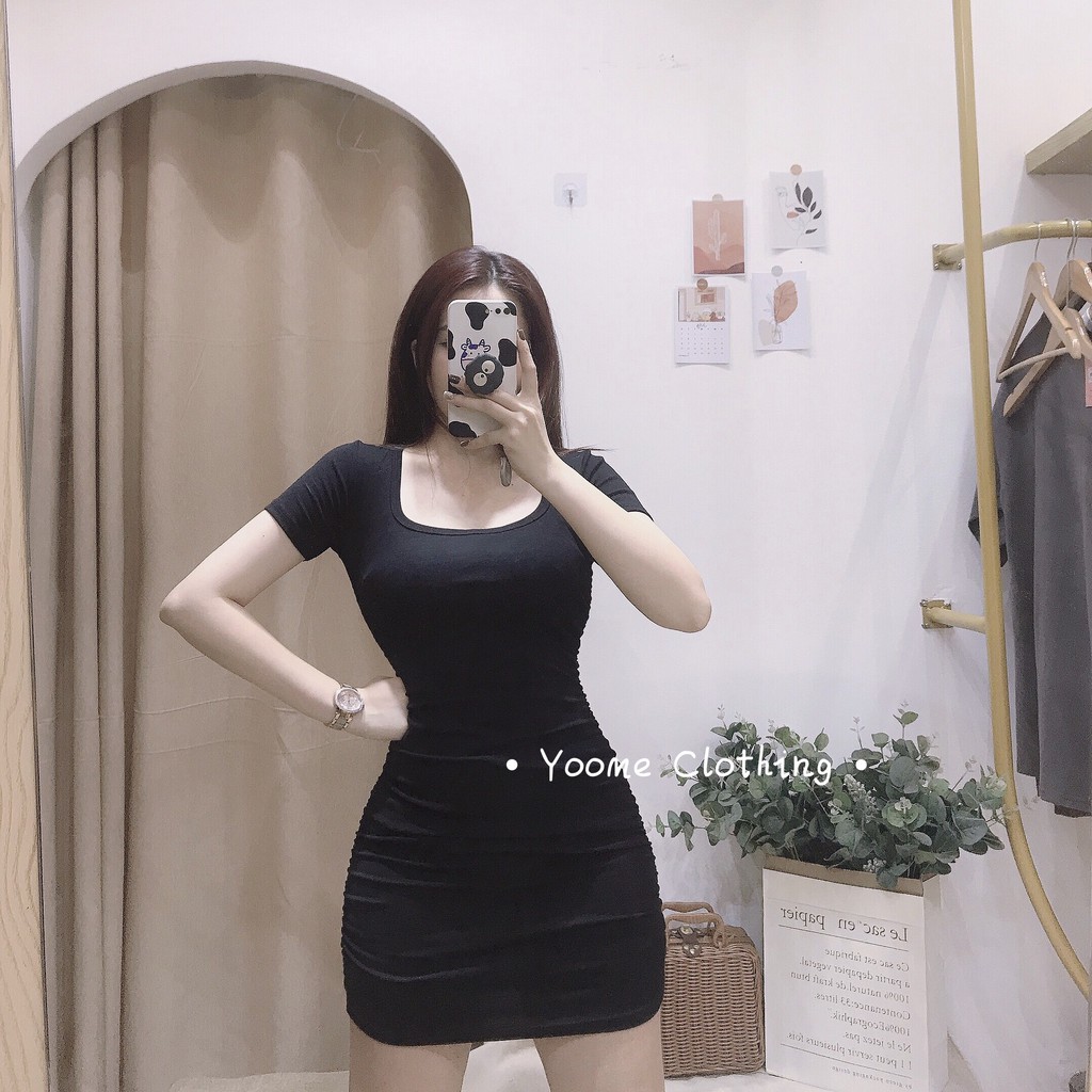 [Mã SKAMSALEP6 giảm 10% tối đa 100K đơn 150K] Váy Body cổ vuông nhún TAY CỘC [ ẢNH THẬT SHOP CHỤP ] | BigBuy360 - bigbuy360.vn