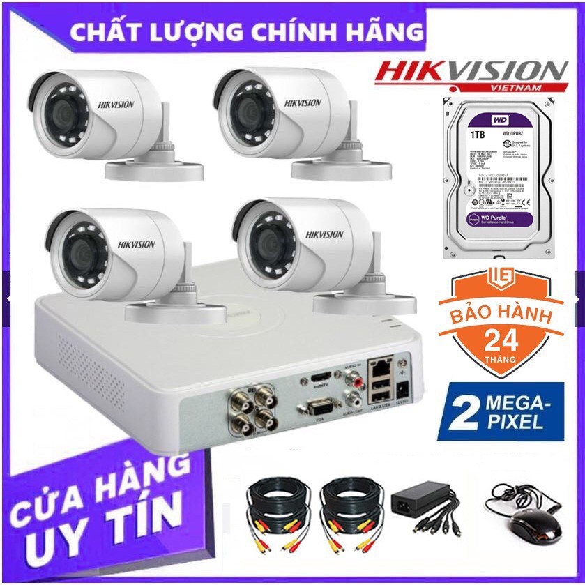 Trọn Bộ 4 Camera giám sát HIKVISION 2.0MP - Tặng kèm HDD (500GB/1TB/2TB) + đầy đủ phụ kiện lắp đặt