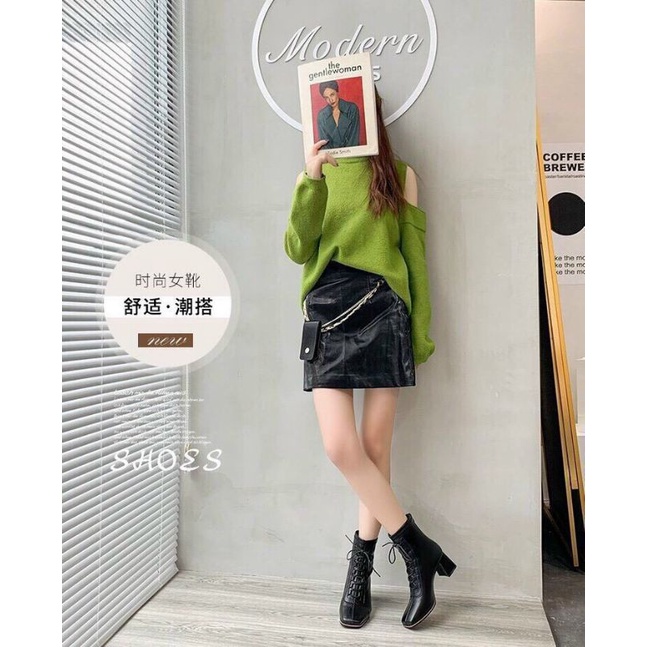 H(ẢNH THẬT) Boot Đen 6p Cổ Thấp Gót Vuông Dây Buộc Da Mềm Êm Fullbox