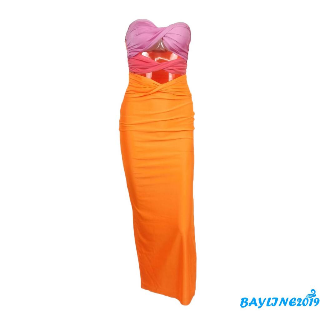 Đầm Midi Ôm Dáng Không Dây Xoắn Màu Tương Phản Thời Trang Cho Nữ