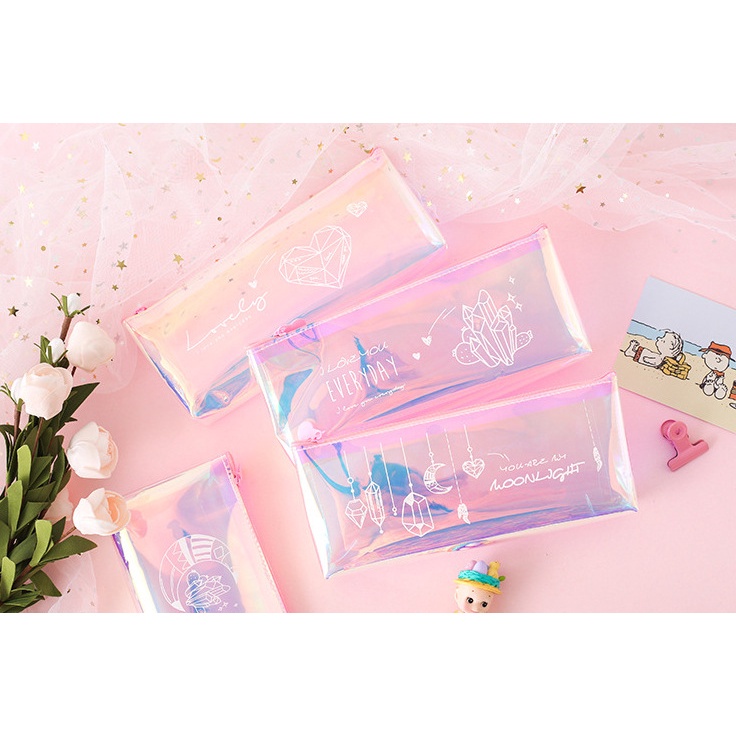 Hộp bút trong suốt ánh cầu vồng chuyển sắc Hologram độc lạ đựng bút, đồ dùng học tập