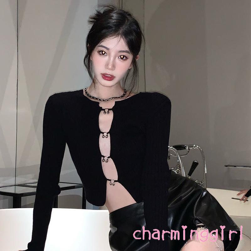 Áo Croptop Tay Dài Cổ Tròn Màu Sắc Trơn Thời Trang Mùa Xuân Cho Nữ