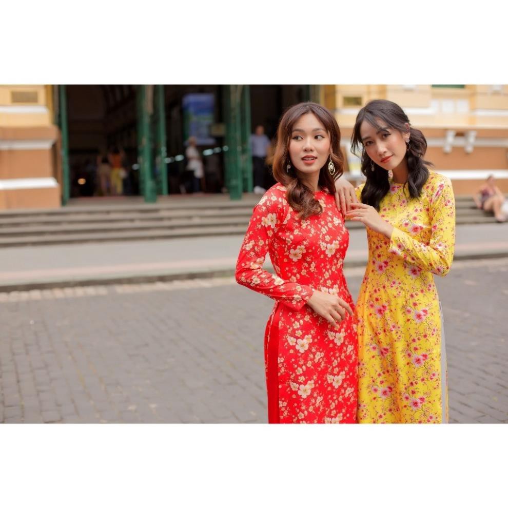Áo dài truyền thống nữ màu đỏ vàng vải gấm dãn hoa mai in cổ tròn có nhiều size | BigBuy360 - bigbuy360.vn