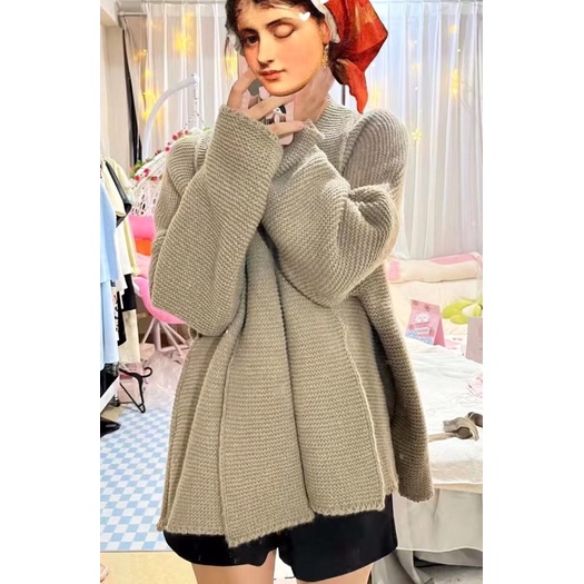 Áo khoác len suông rộng kèm đai Hàn Quốc