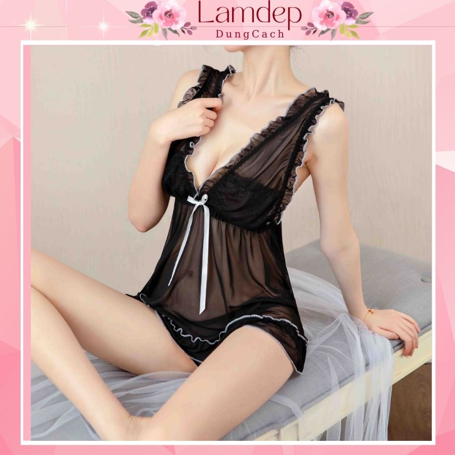 Váy ngủ xuyên thấu sexy gợi cảm free size màu đen, hồng quyến rũ_BABYNO