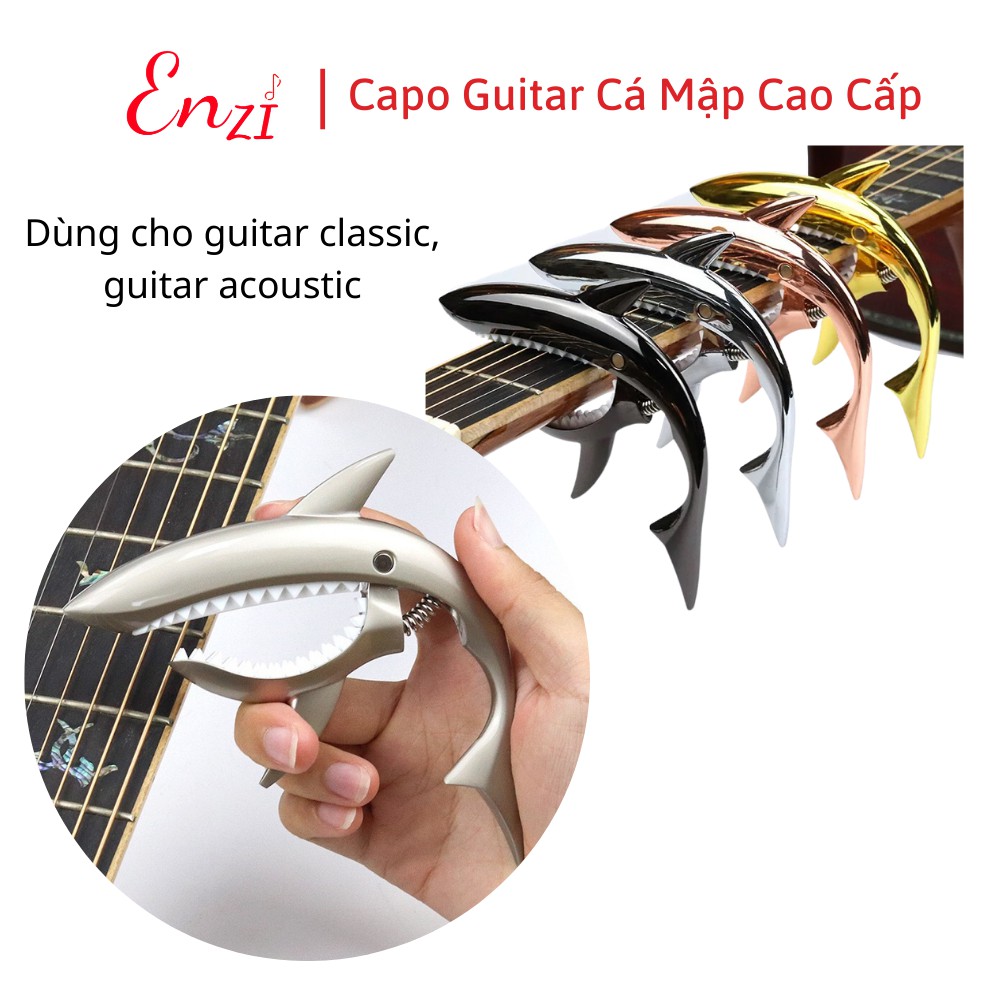 Kẹp capo guitar cá mập màu bạc mờ cho đàn guitar classic acoustic cao cấp Enzi