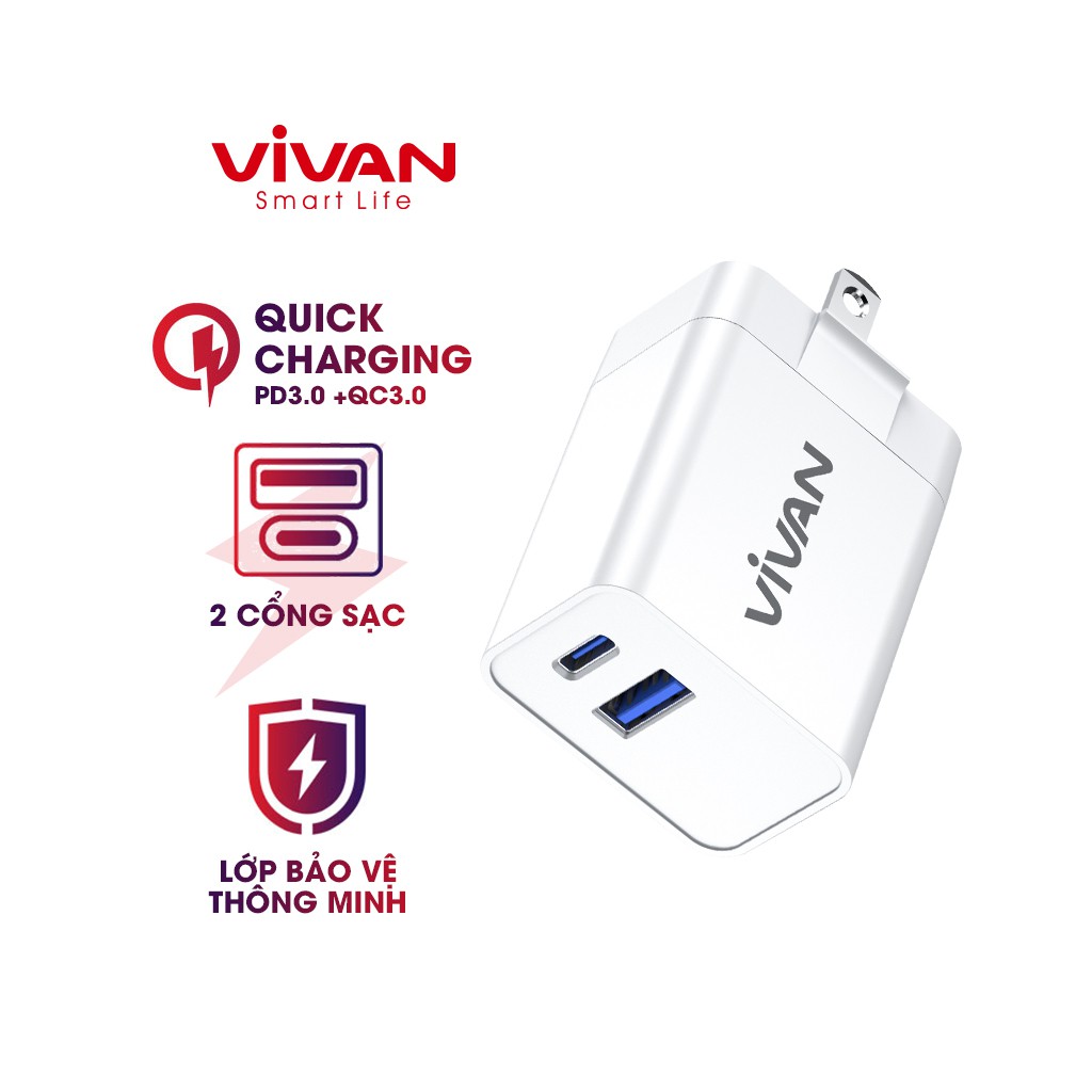 Cốc Sạc Nhanh PD 25W 2 Cổng USB-A/Type-C AC 100-240V VIVAN POWER 25U Tự Ngắt Dòng
