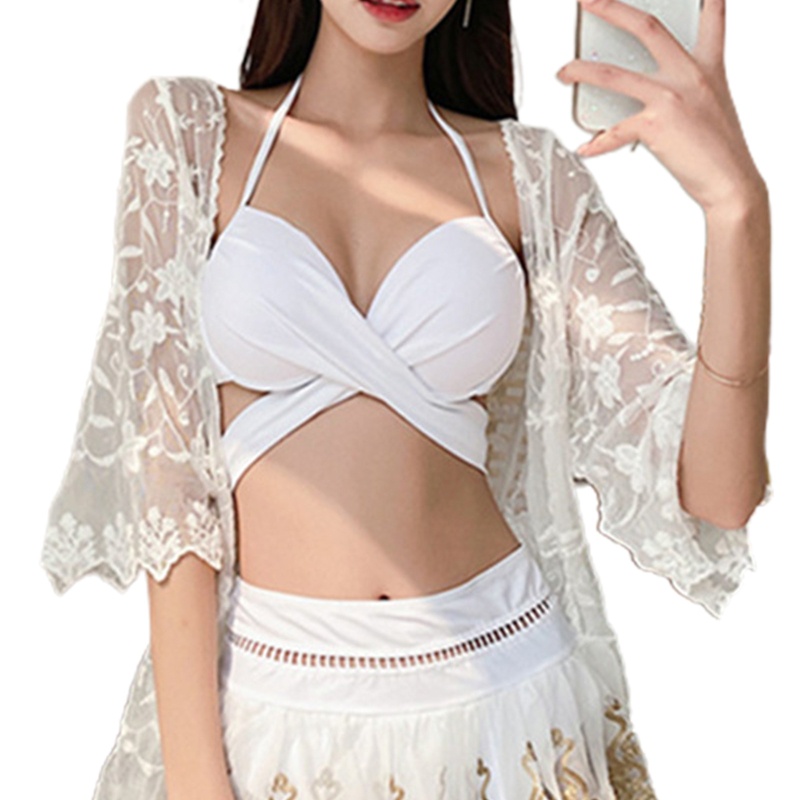 Brroa Bộ Đồ Bơi Tay 3 / 4 Kiểu Kimono Ngắn Thêu Hoa Phối Ren Quyến Rũ Cho Nữ