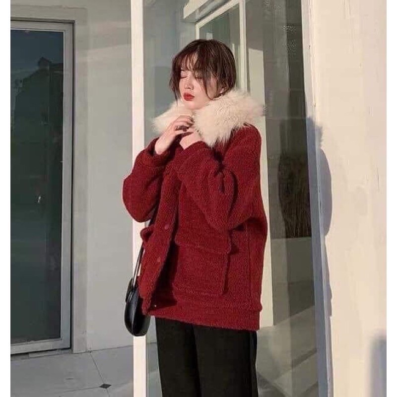 Áo khoác dạ đỏ cổ lông
